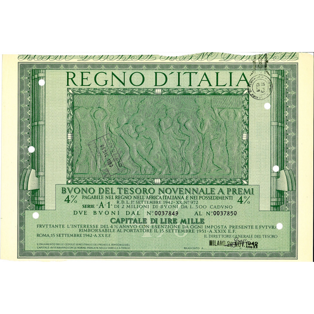 BUONO DEL TESORO NOVENNALE - SERIE A10 VERONA 1942