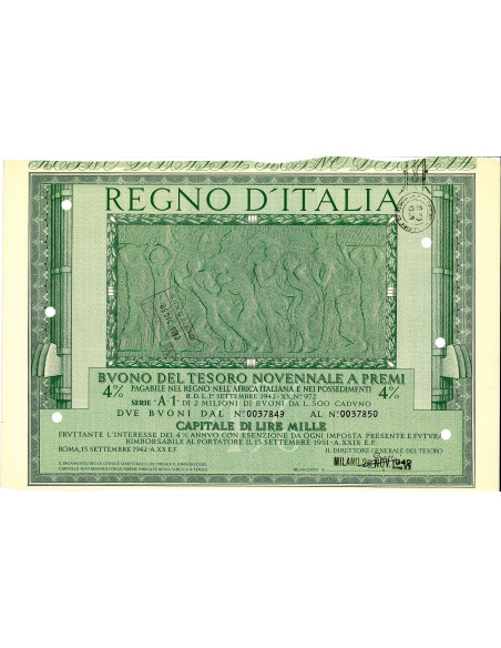 BUONO DEL TESORO NOVENNALE - SERIE A10 VERONA 1942