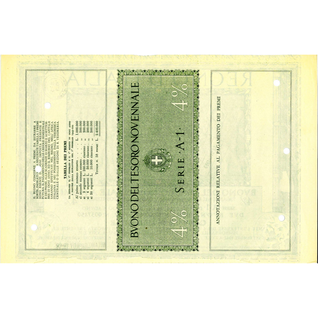 BUONO DEL TESORO NOVENNALE - SERIE A10 VERONA 1942