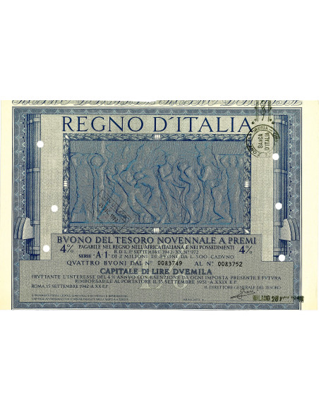 1942 /09 - BUONO DEL TESORO NOVENNALE A PREMI 4% LIRE 2.000 - ROMA
