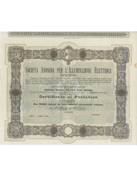 SOC. ANON. PER L'ILLUMINAZIONE ELETTRICA - 10 AZIONI ARONA 1890