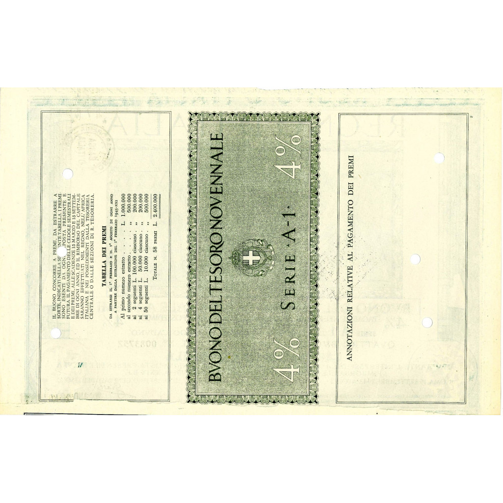 1942 /09 - BUONO DEL TESORO NOVENNALE A PREMI...