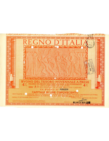 1942 /09 - BUONO DEL TESORO NOVENNALE A PREMI 4% LIRE 500 - ROMA