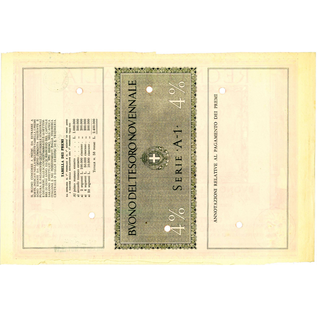 1942 /09 - BUONO DEL TESORO NOVENNALE A PREMI...