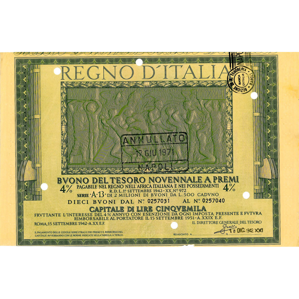 1942 /09 - BUONO DEL TESORO NOVENNALE A PREMI...