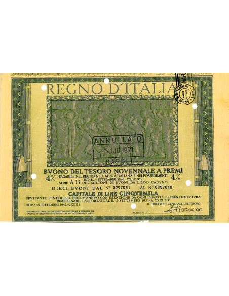 1942 /09 - BUONO DEL TESORO NOVENNALE A PREMI 4% LIRE 5.000 - ROMA