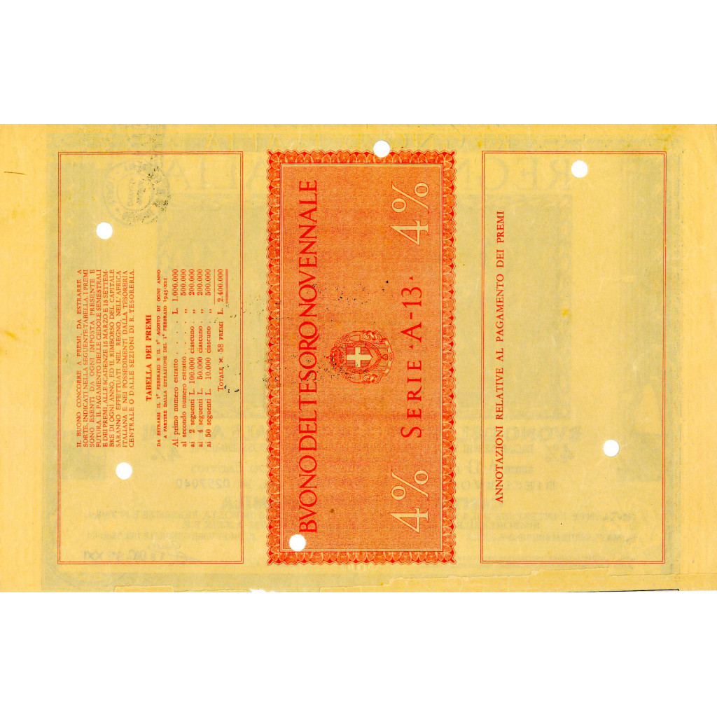 1942 /09 - BUONO DEL TESORO NOVENNALE A PREMI...