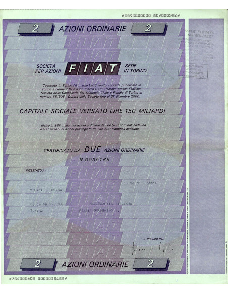 1972 - FIAT (FABBRICA ITALIANA AUTOMOBILI TORINO) 2 AZIONI ORDINARIE - TORINO