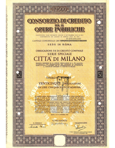 1946 - CONSORZIO DI CREDITO PER LE OPERE PUBBLICHE CITTA' DI MILANO 25 OBBLIGAZIONI