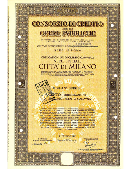 1946 - CONSORZIO DI CREDITO PER LE OPERE PUBBLICHE CITTA' DI MILANO 100 OBBLIGAZIONI
