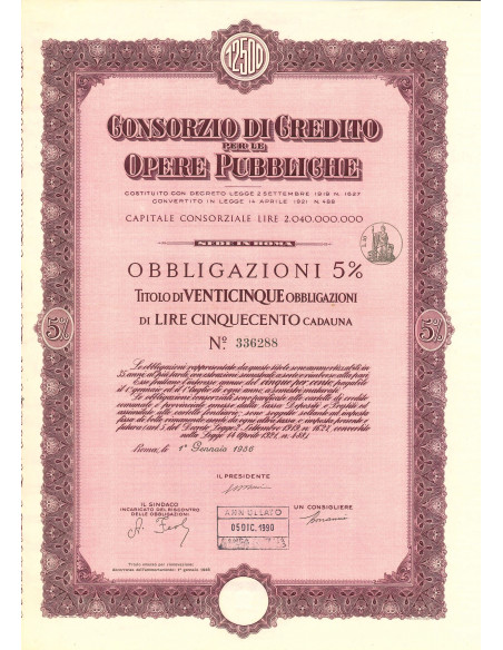 1956 - CONSORZIO DI CREDITO PER LE OPERE PUBBLICHE 25 OBBLIGAZIONI 5% ROMA