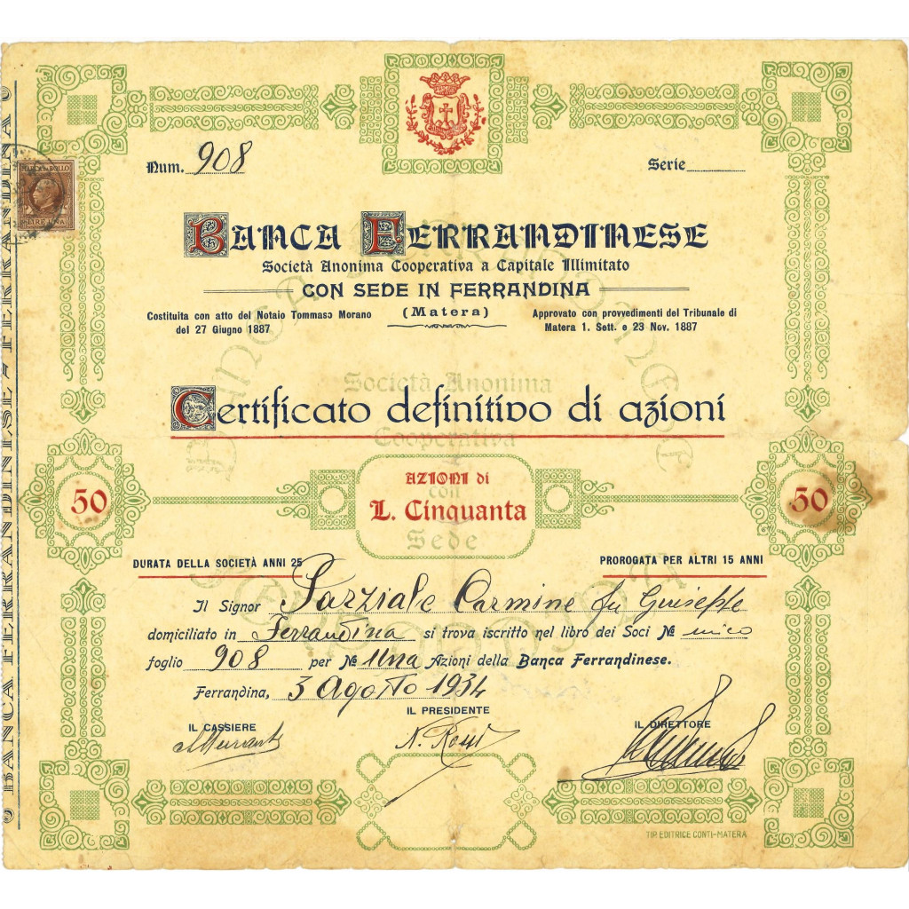 BANCA FERRANDINESE - CERTIFICATO DEFINITIVO DI AZIONI DA L. 50 FERRANDINA 1936