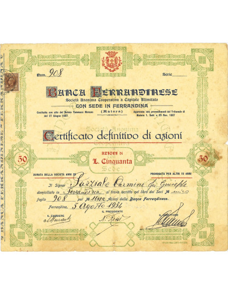 1936 - BANCA FERRANDINESE - CERTIFICATO DEFINITIVO DI AZIONI DA L. 50 FERRANDINA