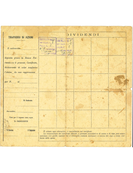 1936 - BANCA FERRANDINESE - CERTIFICATO DEFINITIVO DI AZIONI DA L. 50 FERRANDINA