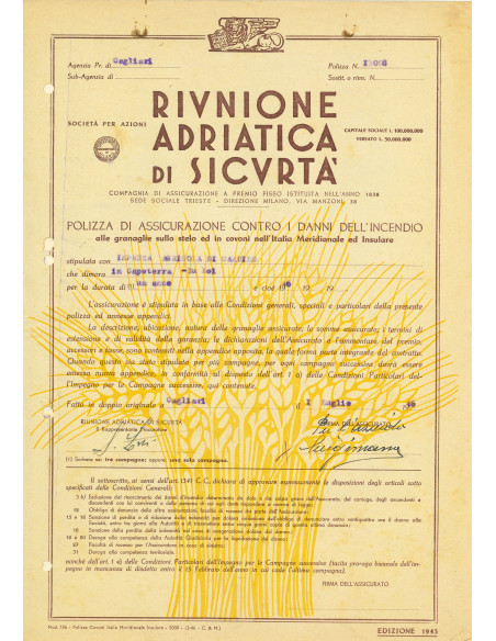 1946 - RAS RIUNIONE ADRIATICA DI SICURTA' - INCENDIO - CAGLIARI