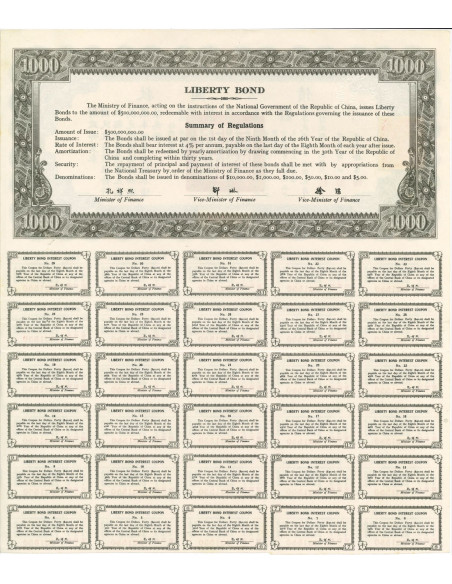 1937 - NATIONAL GOVERNMENT OF THE REPUBLIC OF CHINA LIBERTY BOND 1000 $