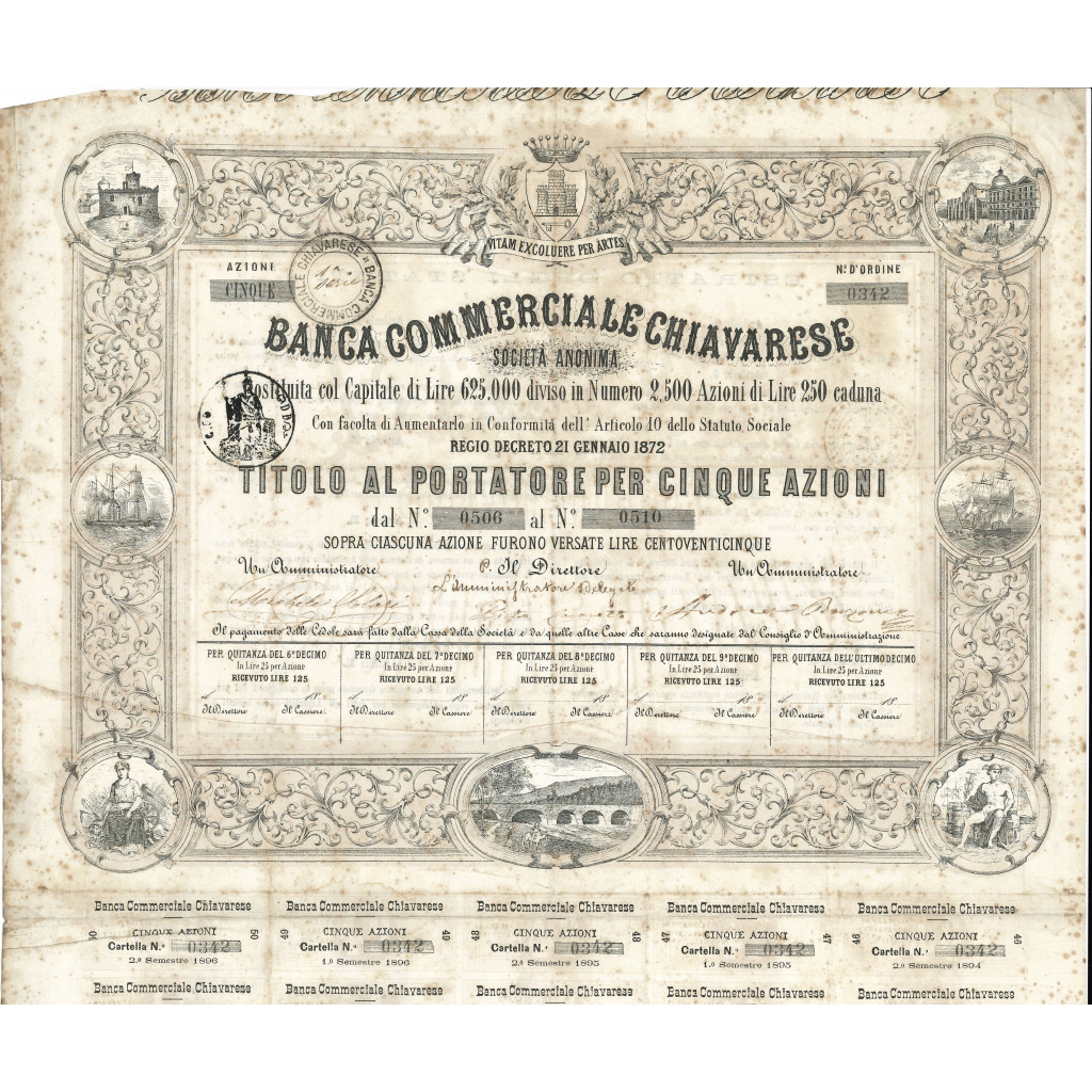 1872 - BANCA COMMERCIALE CHIAVARESE - 5 AZIONI...