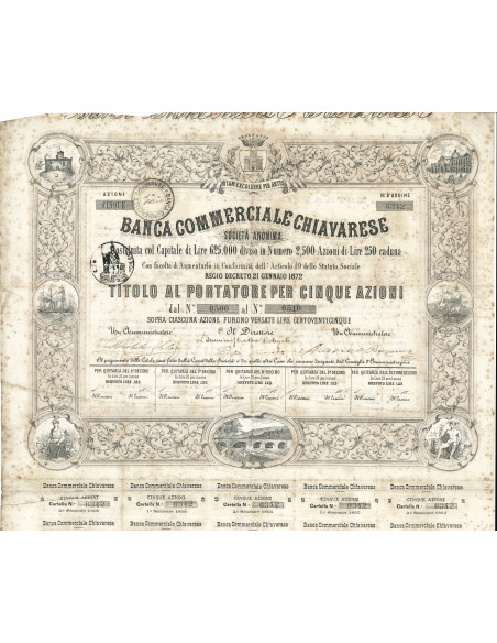 1872 - BANCA COMMERCIALE CHIAVARESE - 5 AZIONI - CHIAVARI
