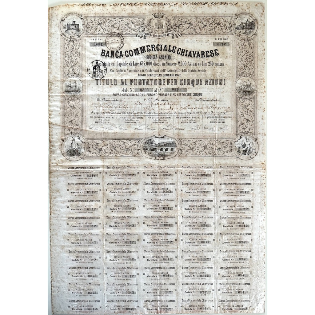 1872 - BANCA COMMERCIALE CHIAVARESE - 5 AZIONI...
