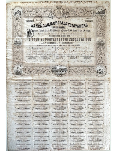 1872 - BANCA COMMERCIALE CHIAVARESE - 5 AZIONI - CHIAVARI