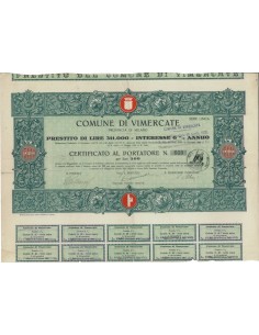 COMUNE DI VIMERCATE - CERTIFICATO AL PORTATORE L. 500 - 1935
