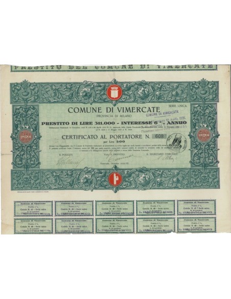 COMUNE DI VIMERCATE - CERTIFICATO AL PORTATORE L. 500 - 1935