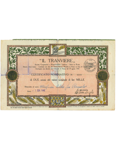 1948 - IL TRAMVIERE Soc. Coop. Resp. Limitata LIRE 1.000 - ROMA