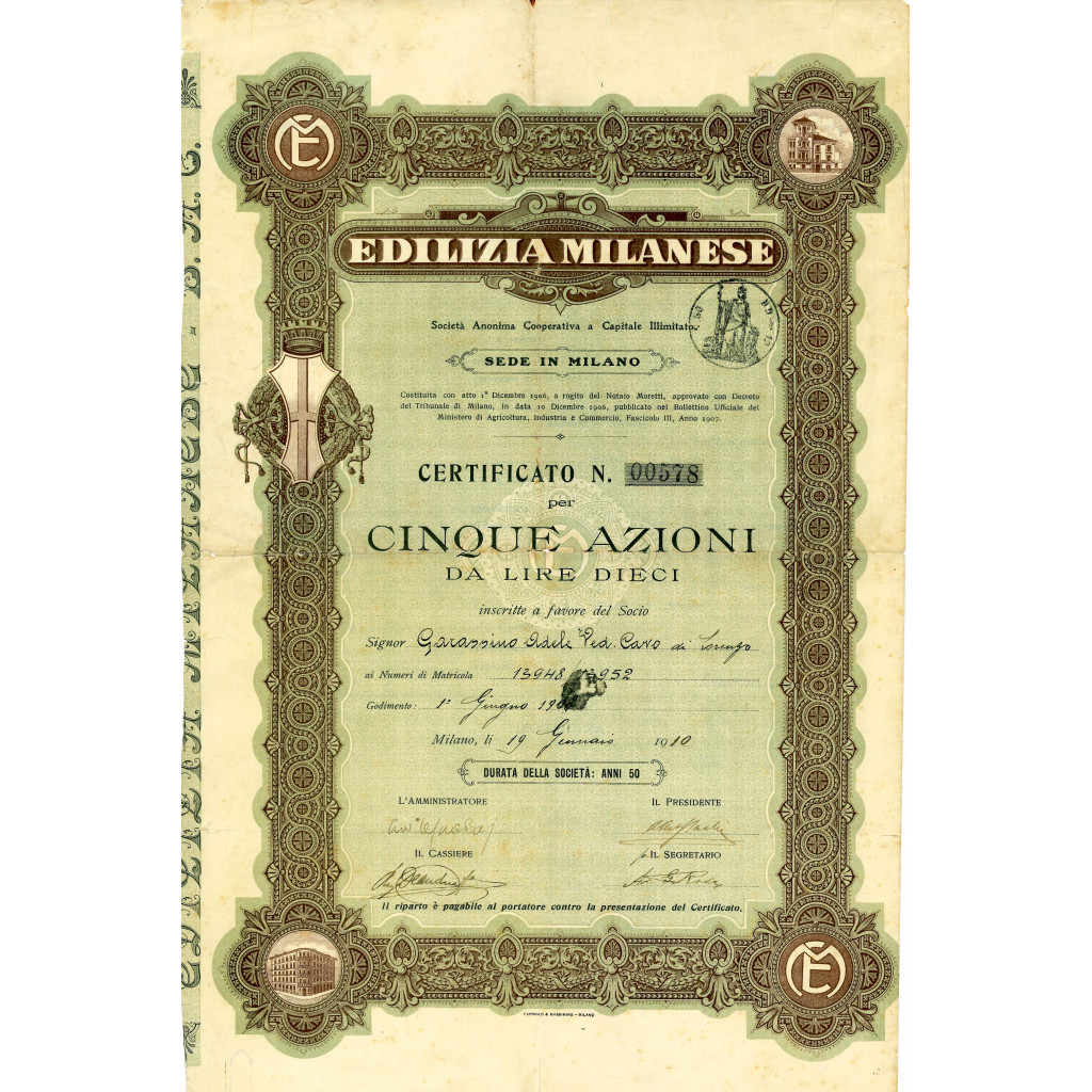 1910 - EDILIZIA MILANESE 5 AZIONI LIRE 10 - MILANO