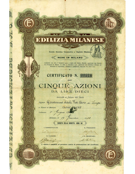 1910 - EDILIZIA MILANESE 5 AZIONI LIRE 10 - MILANO