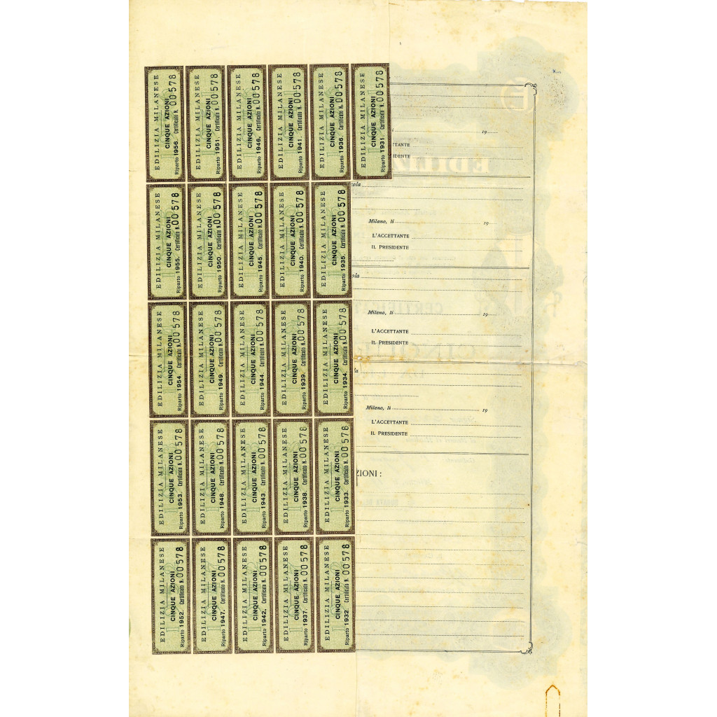 1910 - EDILIZIA MILANESE 5 AZIONI LIRE 10 - MILANO