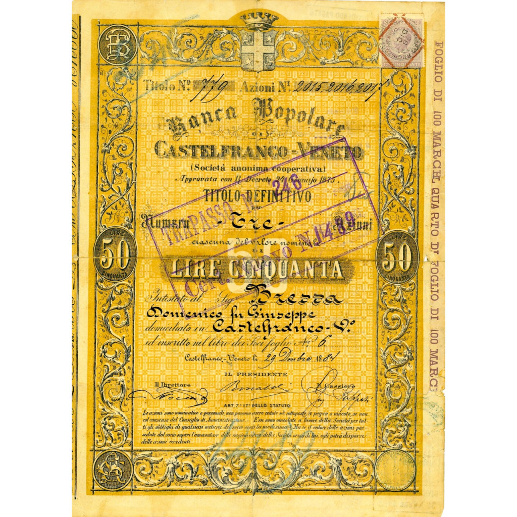 1884 - BANCA POPOLARE DI CASTELFRANCO-VENETO...