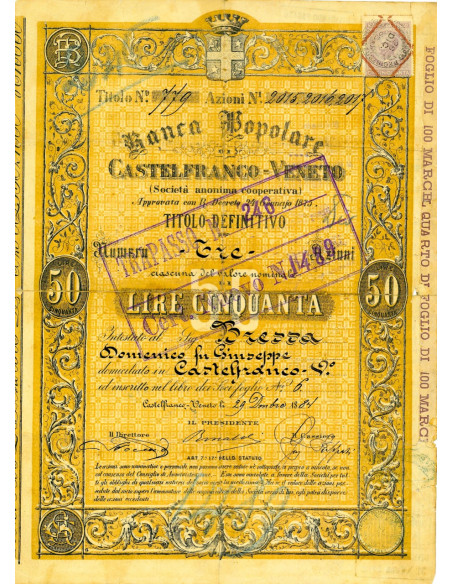 1884 - BANCA POPOLARE DI CASTELFRANCO-VENETO Lire 50