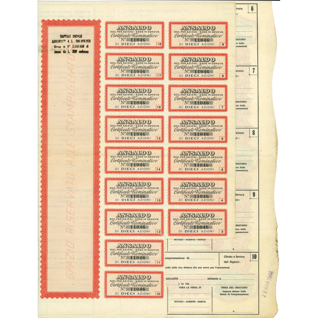 1946 - ANSALDO SOC. PER AZIONI 10 AZIONI - GENOVA
