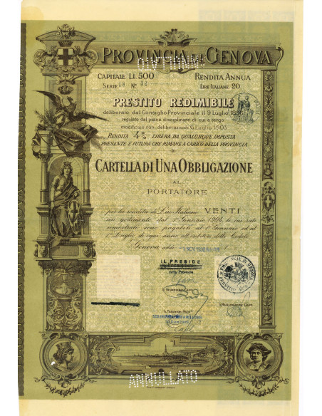 1938 - PROVINCIA DI GENOVA - 1 OBBLIGAZIONE 4% capitale LIRE 500