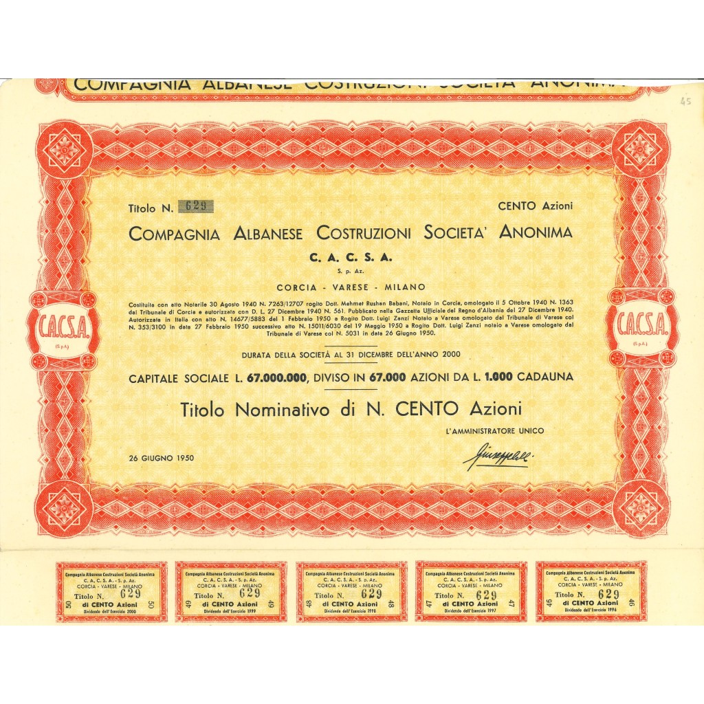 1950 - COMPAGNIA ALBANESE COSTR. SOC.ANON. 100...