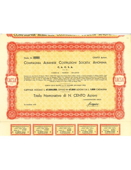1950 - COMPAGNIA ALBANESE COSTR. SOC.ANON. 100 AZIONI CORCIA