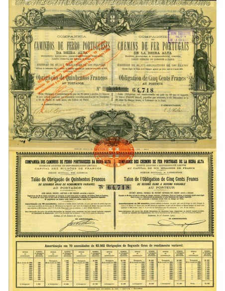 1879 - CAMINHOS DE FERRO PORTUGUESES DE BEIRA ALTA - 1 OBBLIGAZIONE