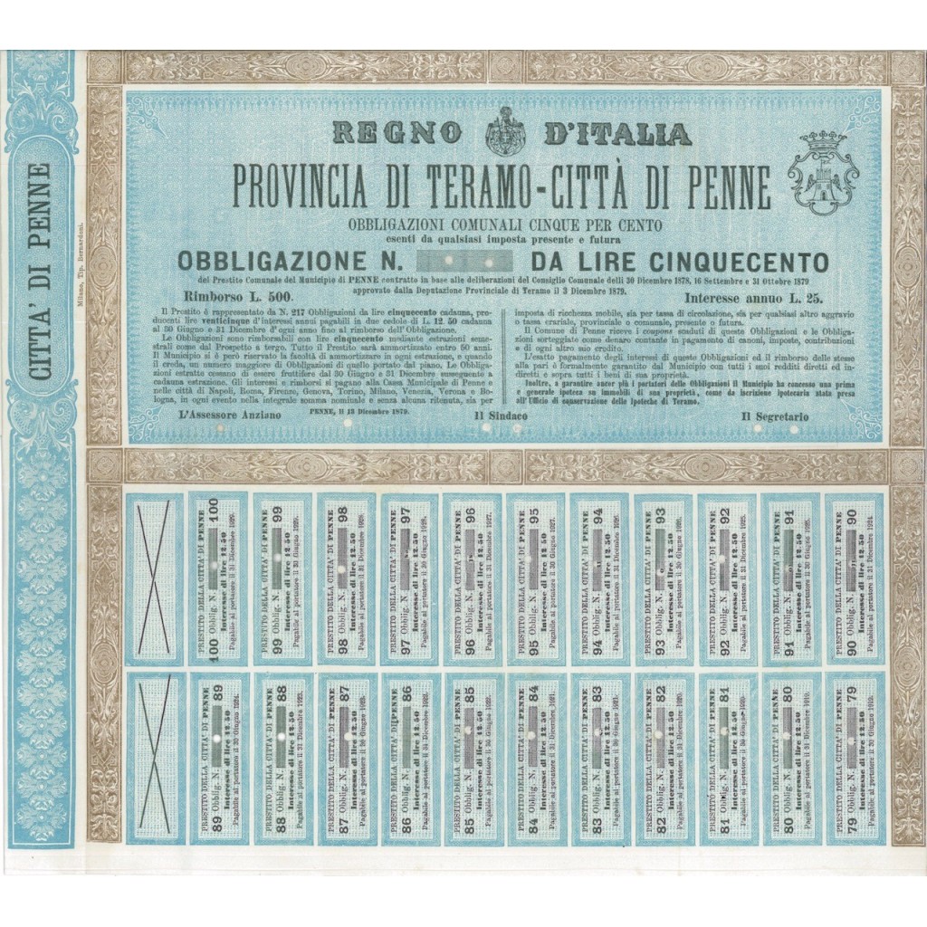 PROVINCIA DI TERAMO - CITTA' DI PENNE 1 OBBLIGAZIONE 1878