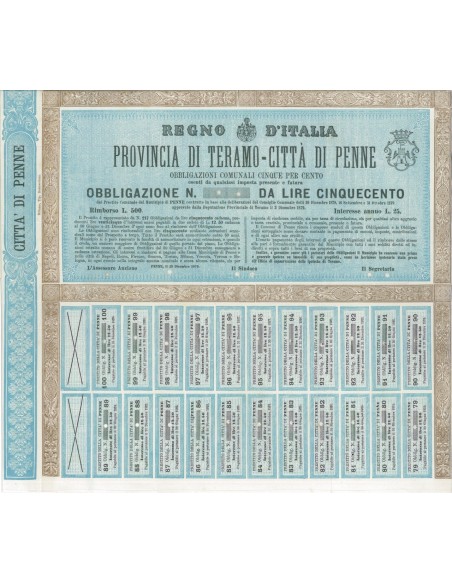 PROVINCIA DI TERAMO - CITTA' DI PENNE 1 OBBLIGAZIONE 1878