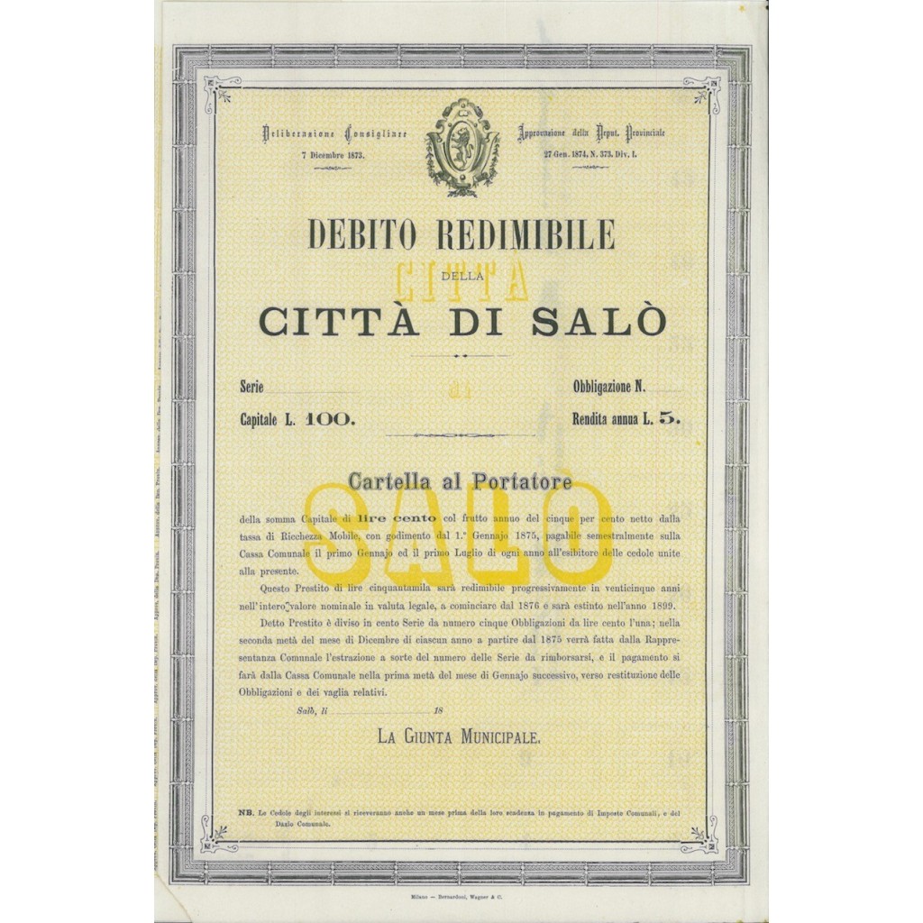 DEBITO REDIMIBILE CITTA' DI SALO' - OBBLIGAZIONE 1873
