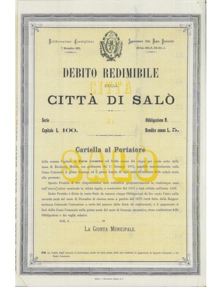 DEBITO REDIMIBILE CITTA' DI SALO' - OBBLIGAZIONE 1873