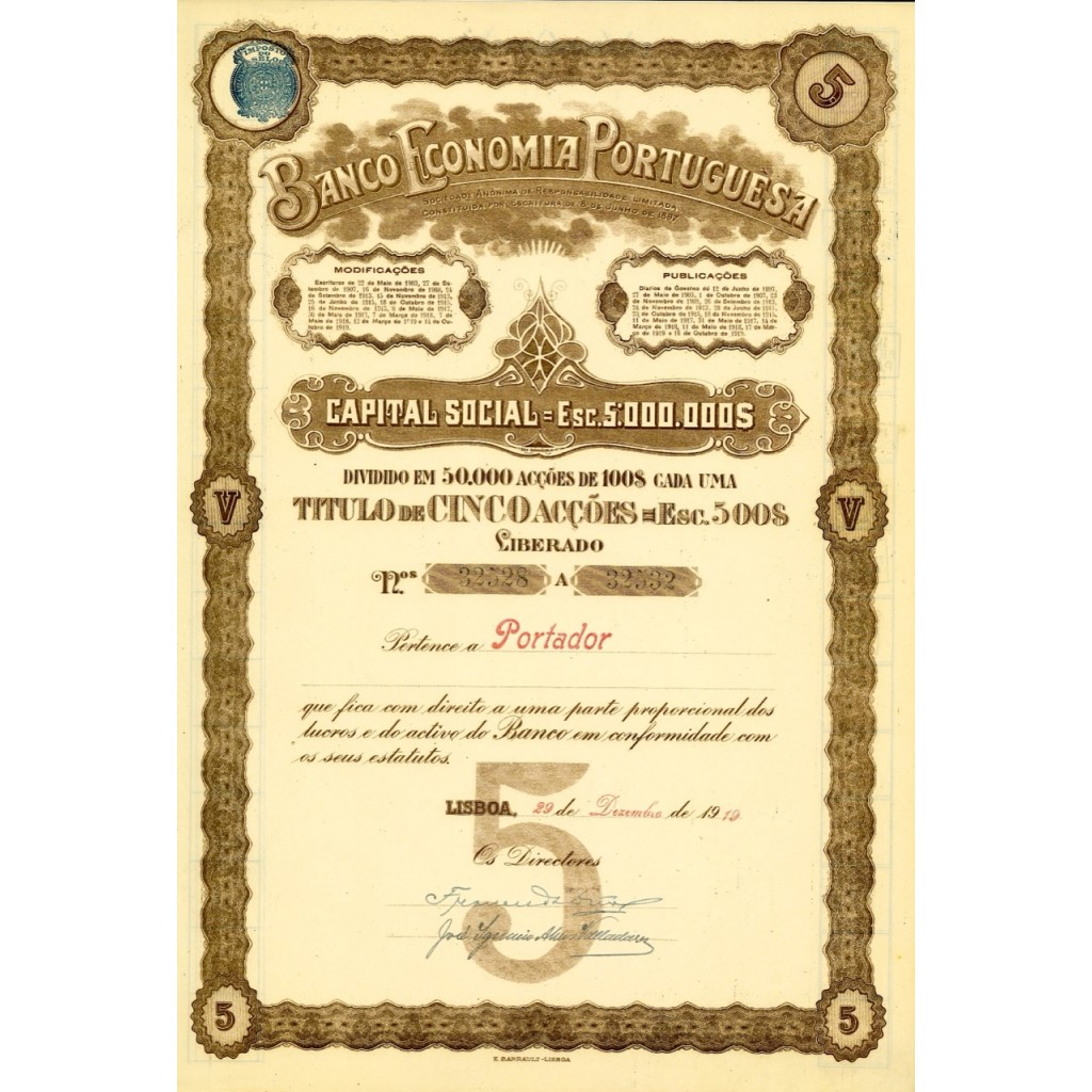 1919 - BANCO ECONOMIA PORTUGUESA (5 AZIONI)