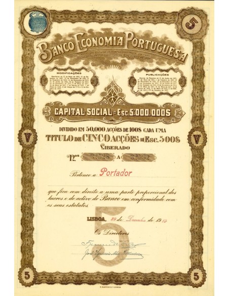 1919 - BANCO ECONOMIA PORTUGUESA (5 AZIONI)