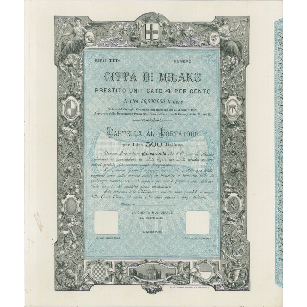 CITTA' DI MILANO - CARTELLA AL PORTATORE 500 LIRE - 1885