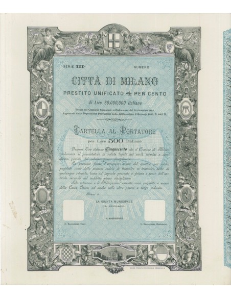 CITTA' DI MILANO - CARTELLA AL PORTATORE 500 LIRE - 1885