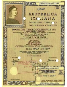 1991 - BTP POLIENNALI SERIE 0002 LIRE 5 MILIONI ROMA...