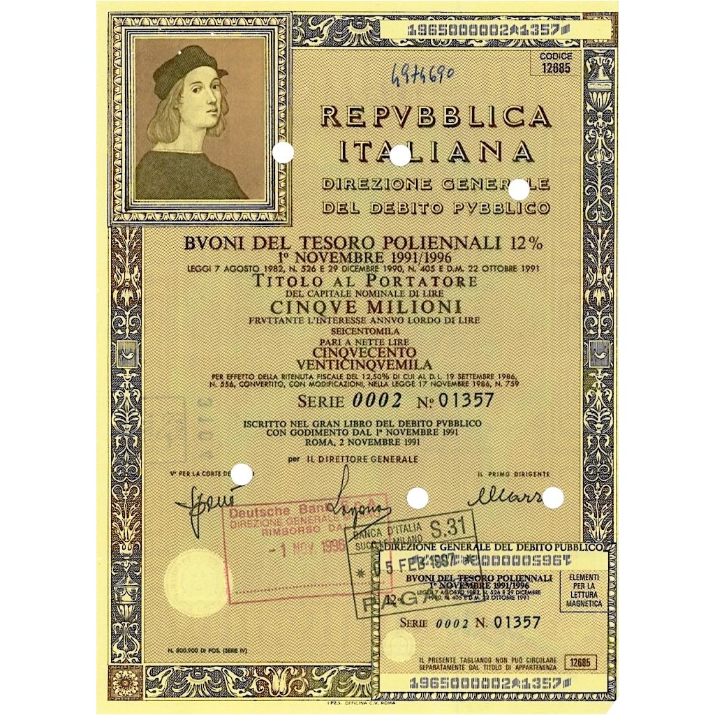 1991 - BTP POLIENNALI SERIE 0002 LIRE 5 MILIONI...