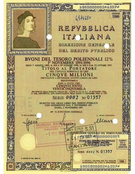 1991 - BTP POLIENNALI SERIE 0002 LIRE 5 MILIONI ROMA  (Raffaello Sanzio)
