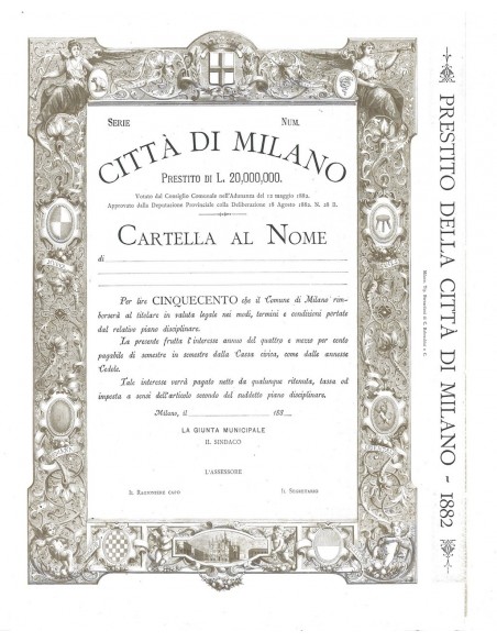 CITTA' DI MILANO - CARTELLA NOMINATIVA DI 500 LIRE - 1882