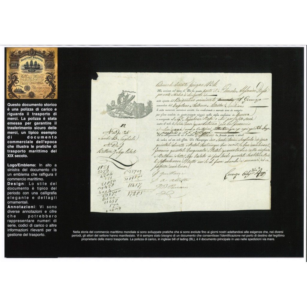 1834 - POLIZZA DI CARICO DA PALERMO A GENOVA